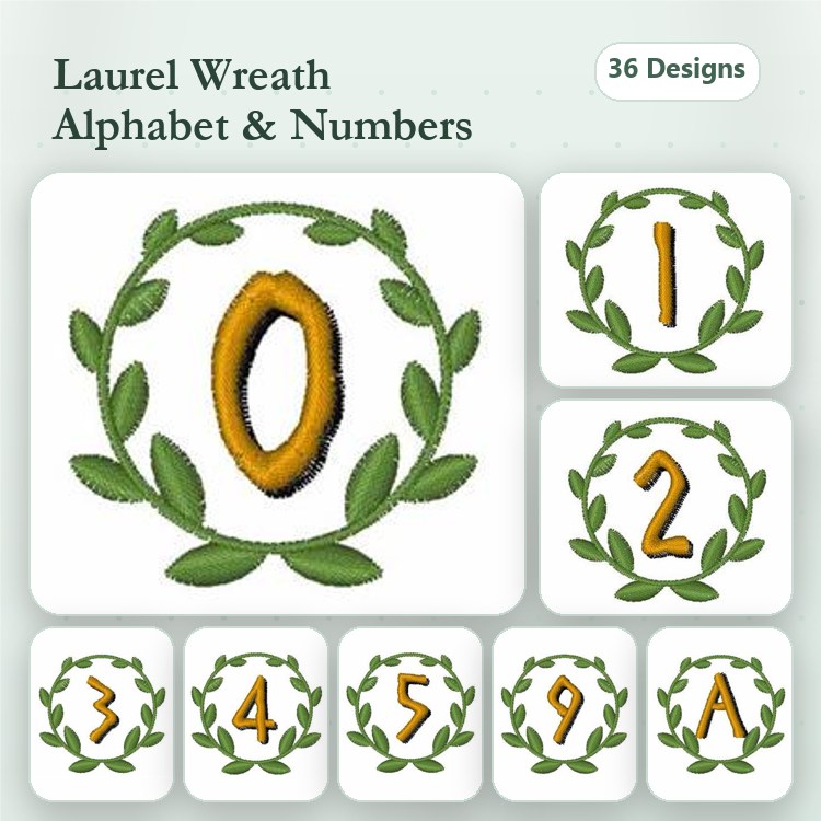 Laurel Wreath Alphabet & Numbers Embroidery Designs Bundle – Laurel Wreath with 0, Laurel Wreath with 1, Laurel Wreath with 2 & More (36 Designs)
