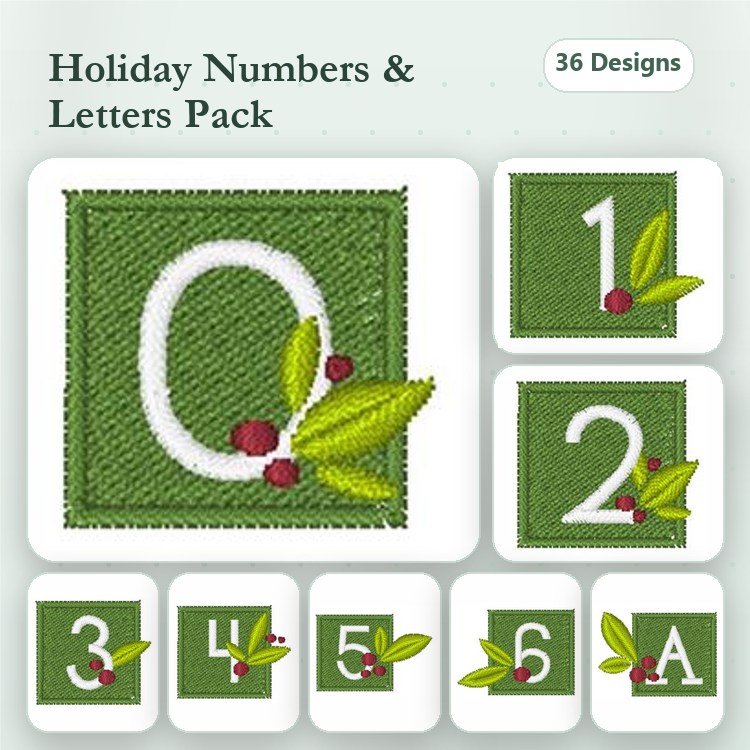 Holiday Numbers & Letters Embroidery Designs Bundle – 0, 1, 2, 3, 4, 5, 6, A & More (36 Designs)