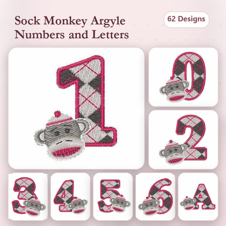 Sock Monkey Argyle Embroidery Designs Bundle – Number 0, Number 1, Number 2, Number 3, Letter A & More (62 Designs)