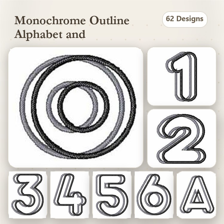 Monochrome Outline Embroidery Designs Bundle – Numbers 1-6, Letter A, Circles & More (62 Designs)
