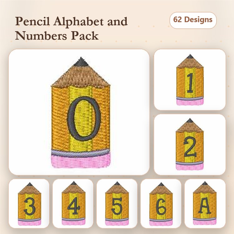 Pencil Alphabet and Numbers Embroidery Bundle – Pencil with A, Pencil with 0, Pencil with 1 & More (62 Designs)