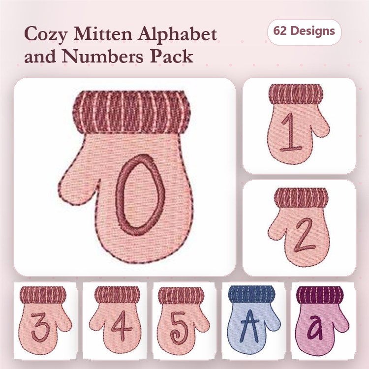 Cozy Mitten Alphabet Embroidery Designs Bundle – Mitten with A, Mitten with B, Mitten with C & More (62 Designs)