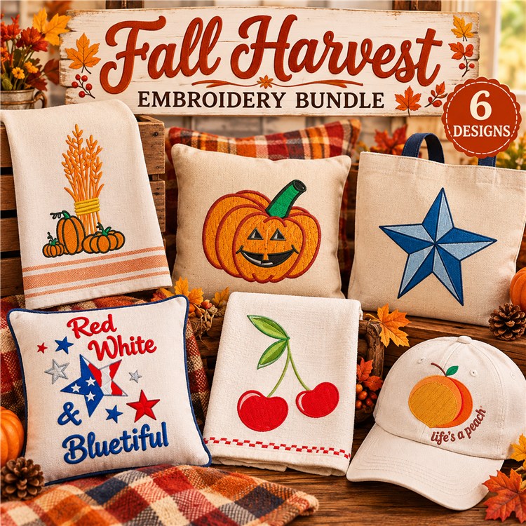Fall Harvest Embroidery Designs Bundle – Wheat Bundle, Jack-O'-Lantern, Cherries & More (6 Designs)