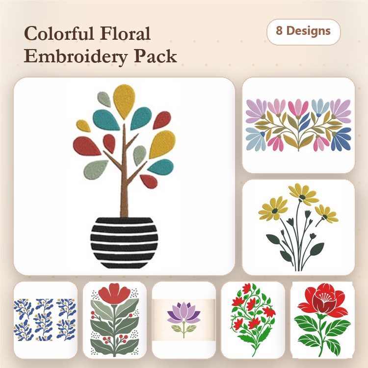 Colorful Floral Embroidery Designs Bundle – Colorful Tree in Pot, Floral Bouquet, Yellow Flowers & More (8 Designs)
