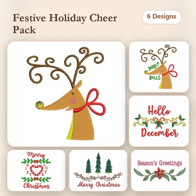 Festive Holiday Cheer Embroidery Designs Bundle – Reindeer with Bow, Merry Christmas Text, Pine Trees & More (6 Designs)