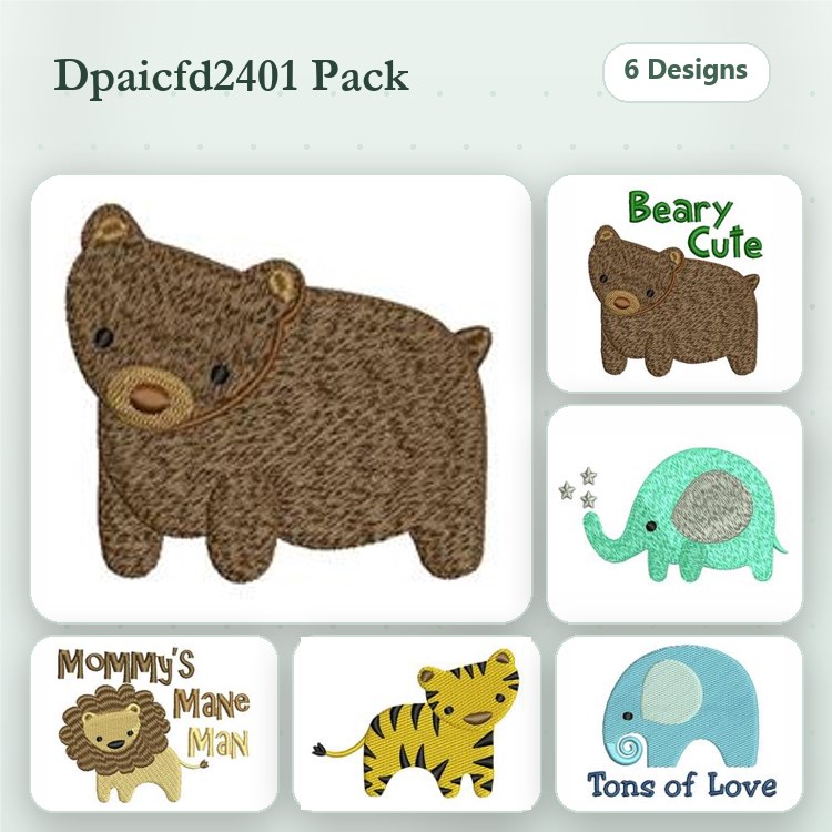 Bear & Elephant Embroidery Bundle – Cute Animal Designs (6 Designs)