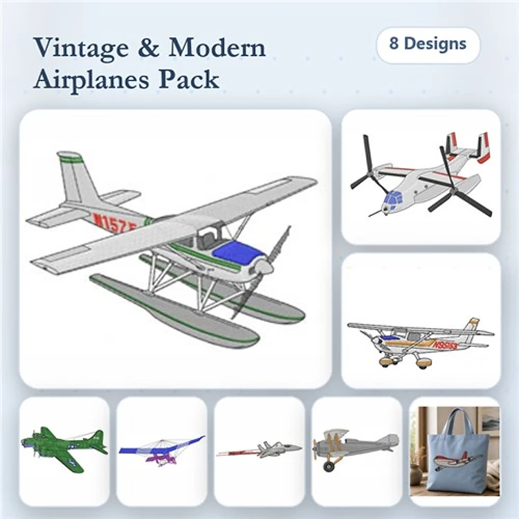 Airplane Embroidery Bundle – Vintage Airplane, Modern Airplane with Floats, Red Airplane & More (10 Designs)