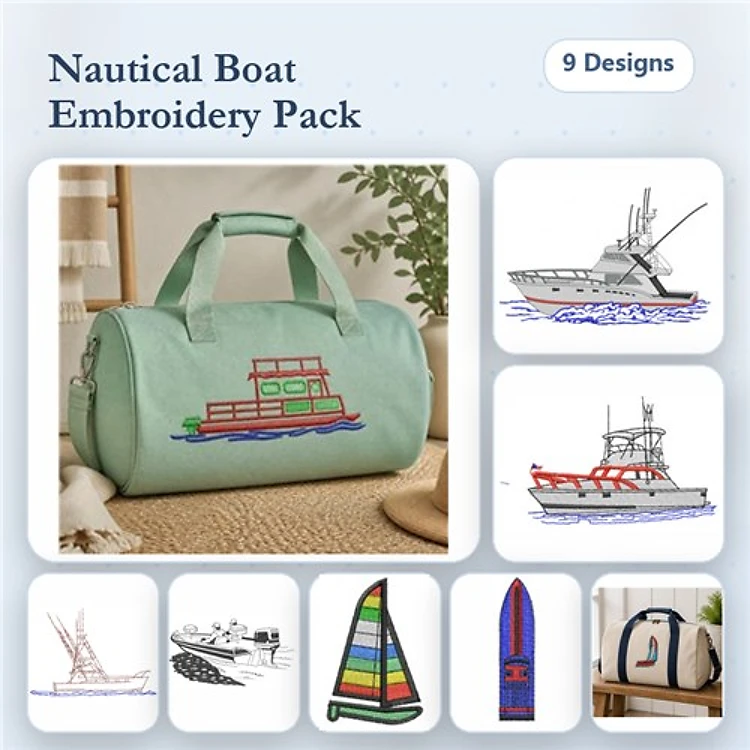 Nautical Boat Embroidery Designs Bundle – Fishing Boat, Sailboat, Yacht & More (11 Designs)