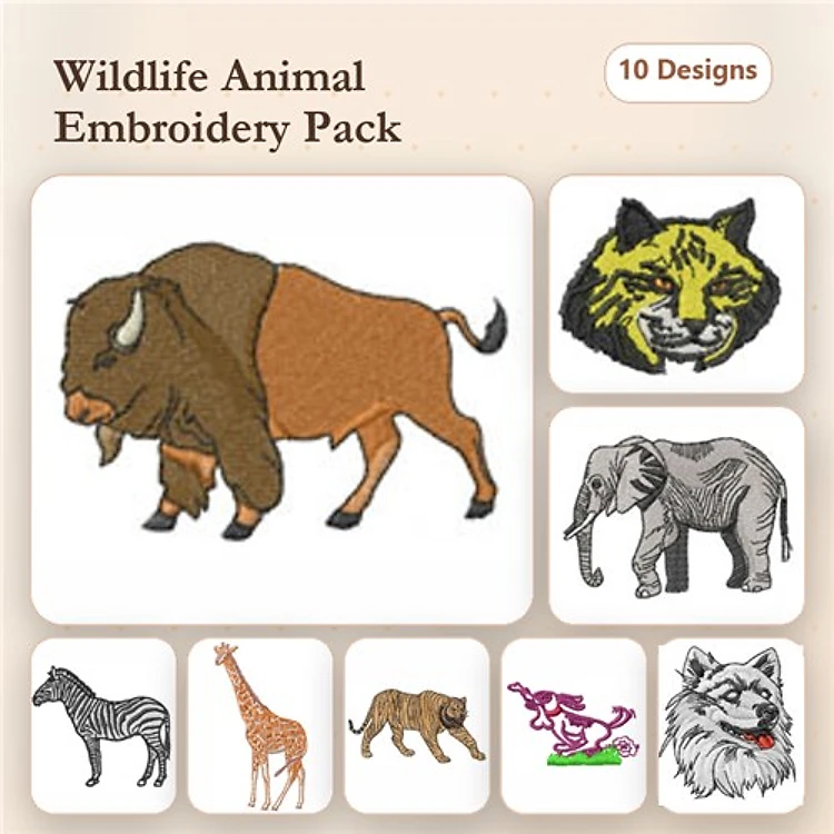 Animal Embroidery Bundle – Parrot, Tiger, Bison & Giraffe (4 Designs)