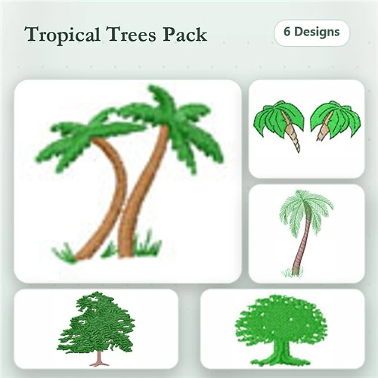 Tropical Trees Embroidery Bundle – Palm Tree with Trunk, Pair of Palm Trees, Large Green Tree & More (6 Designs)