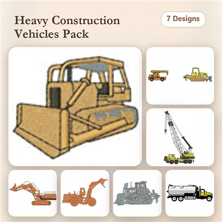 Heavy Construction Vehicles Embroidery Bundle – Bulldozer, Excavator, Crane, & More (14 Designs)