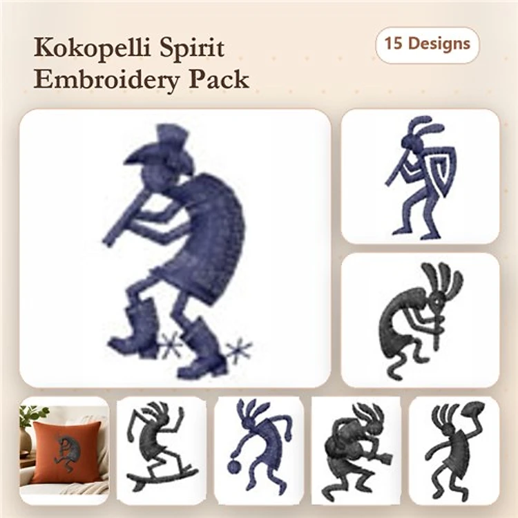 Kokopelli Figures Embroidery Designs Bundle – Musician, Dancer, Skater & More (15 Designs)