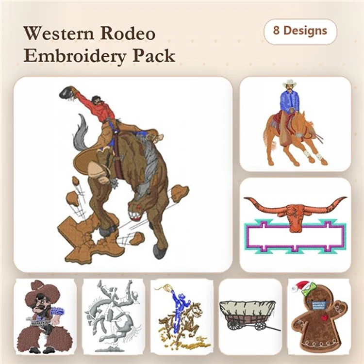 Western Rodeo Embroidery Bundle – Bull Rider, Horse Rider, Longhorn Steer & More (10 Designs)