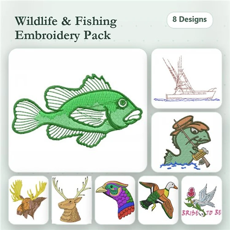 Wildlife & Fishing Embroidery Designs Bundle – Bass Fish, Fishing Boat, Fisherman with Rod & More (8 Designs)