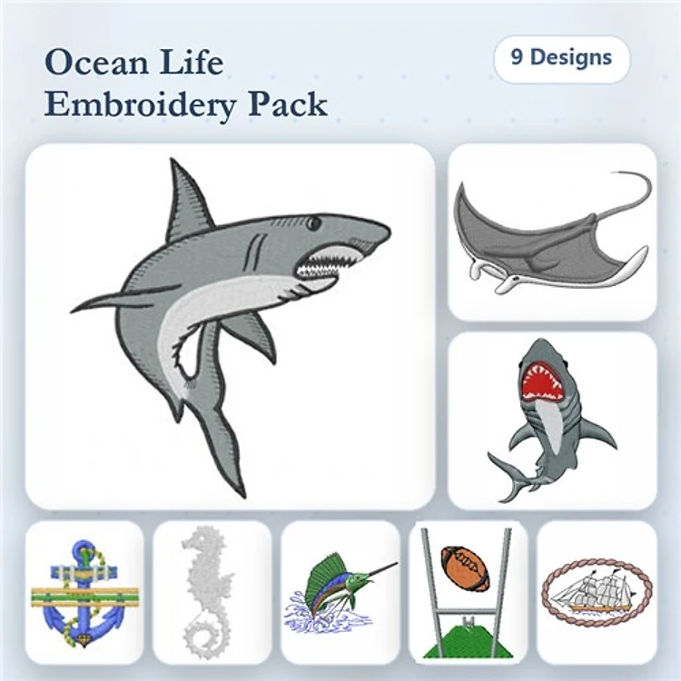 Ocean Life Embroidery Bundle – Great White Shark, Manta Ray, Seahorse & More (9 Designs)