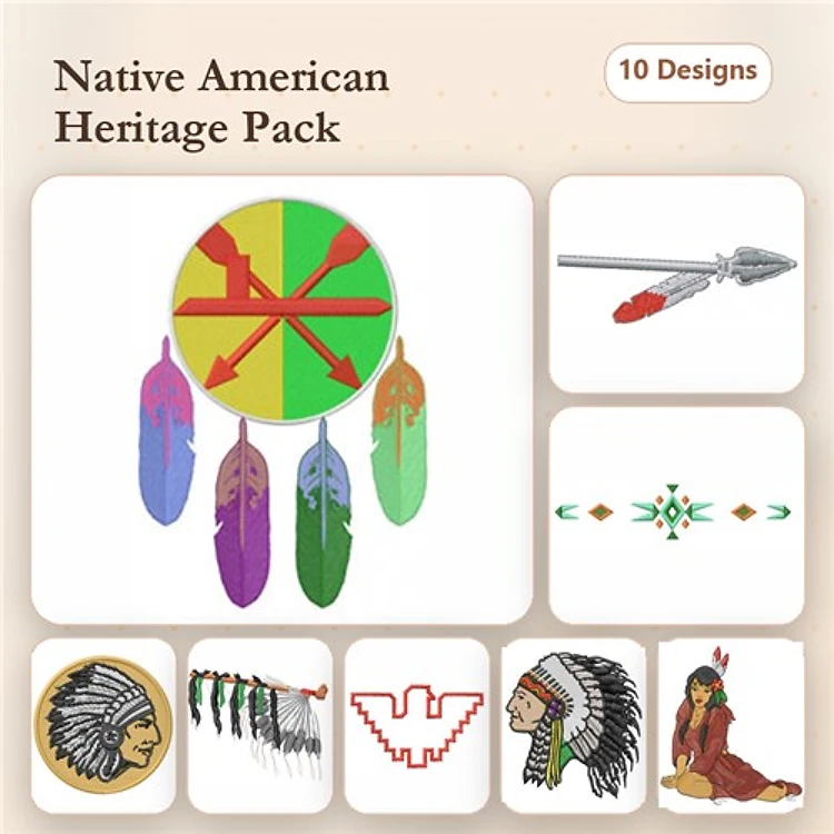 Native American Heritage Embroidery Designs Bundle – Dreamcatcher, Feather Arrow, Chief Feather & More (10 Designs)