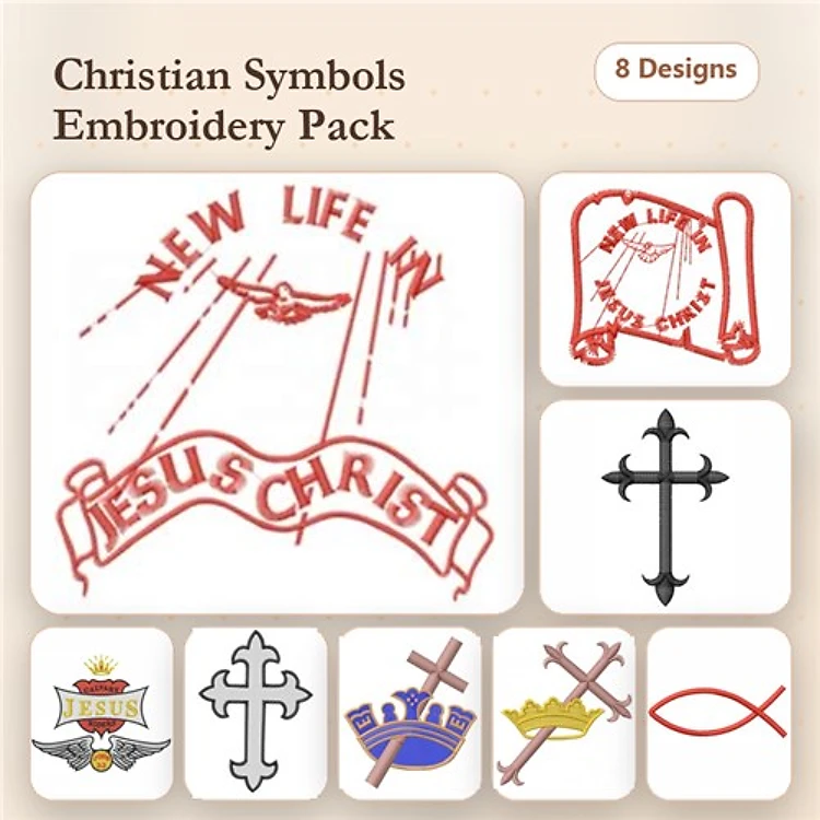 Redwork Christian Symbols Embroidery Designs Bundle – Crown of Thorns, Cross with Ribbon, Jesus Text with Crown & More (8 Designs)