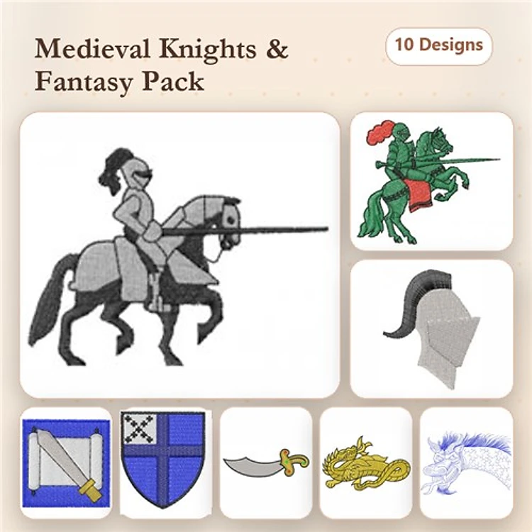 Medieval Knights and Fantasy Embroidery Designs Bundle – Knight on Horseback, Dragon, Shield with Cross & More (10 Designs)