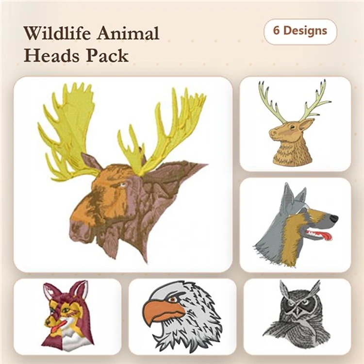 Beagle, Deer, Collie & Lion Embroidery Bundle – Animal Portraits