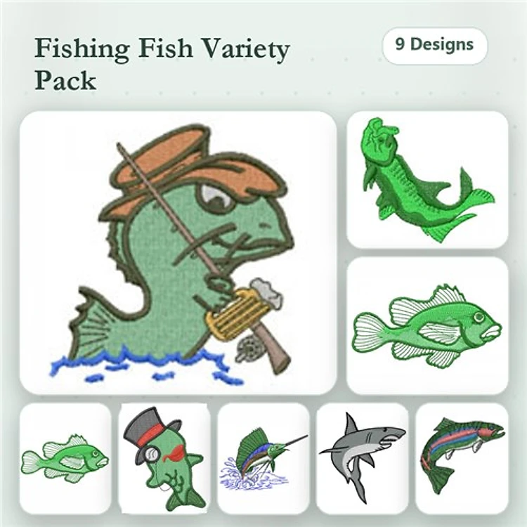 Fish Embroidery Bundle – Angler Fish with Rod, Bass Fish, Pike Fish & More (13 Designs)