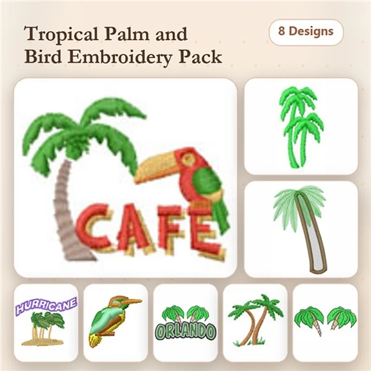 Tropical Palm Trees & Toucan Bird Embroidery Designs Bundle – Cafe Sign, Hurricane Bird, Ornate Bird & More (11 Designs)