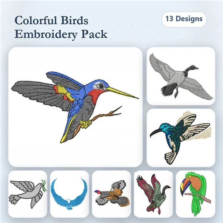 Colorful Birds Embroidery Designs Bundle – Hummingbird, Blue Jay, Toucan & More (16 Designs)