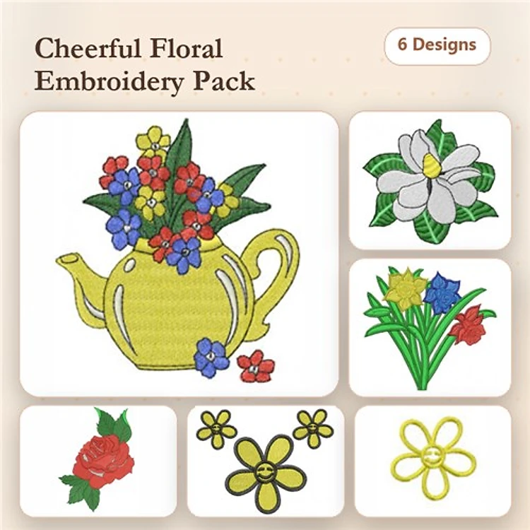 Floral Embroidery Bundle – Teapot with Flowers, White Flower, Red Rose & More (11 Designs)