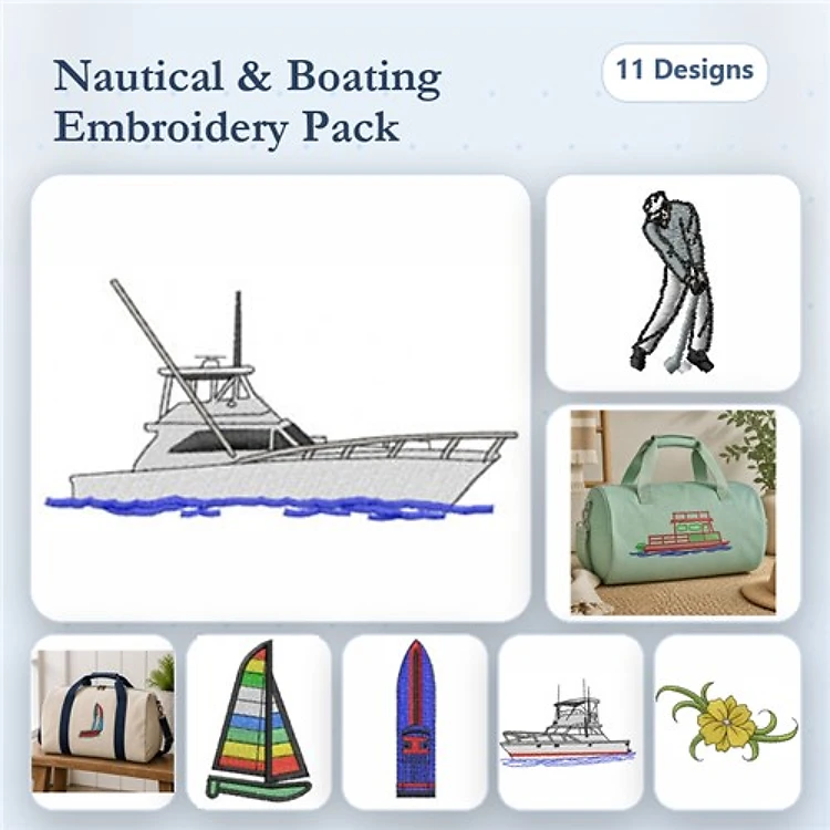 Nautical & Boating Embroidery Designs Bundle – Fishing Boat, Golfer, Duffle Bag with Nautical Design & More (14 Designs)