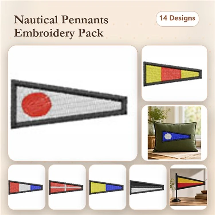 Nautical Pennants Embroidery Designs Bundle – Red Pennant with Circle, Blue Pennant with Circle, Yellow Pennant with Rectangle & More (14 Designs)