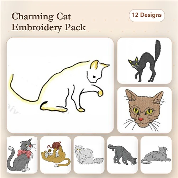 Charming Cat Embroidery Bundle – White Cat, Black Cat, Gray Cat with Bowtie & More (12 Designs)