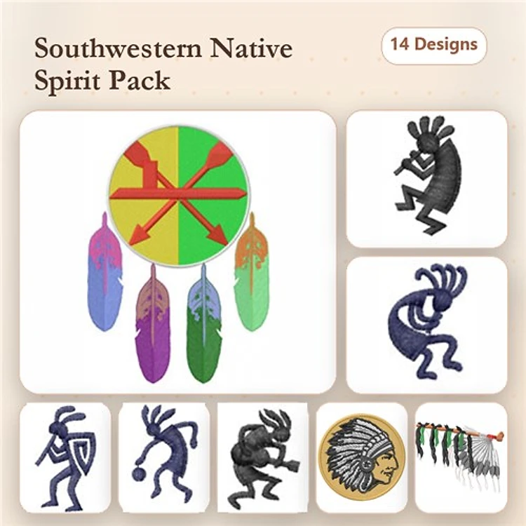 Southwestern Native Spirit Embroidery Designs Bundle – Dreamcatcher, Colorful Feathers, Kachina Spirit & More (15 Designs)