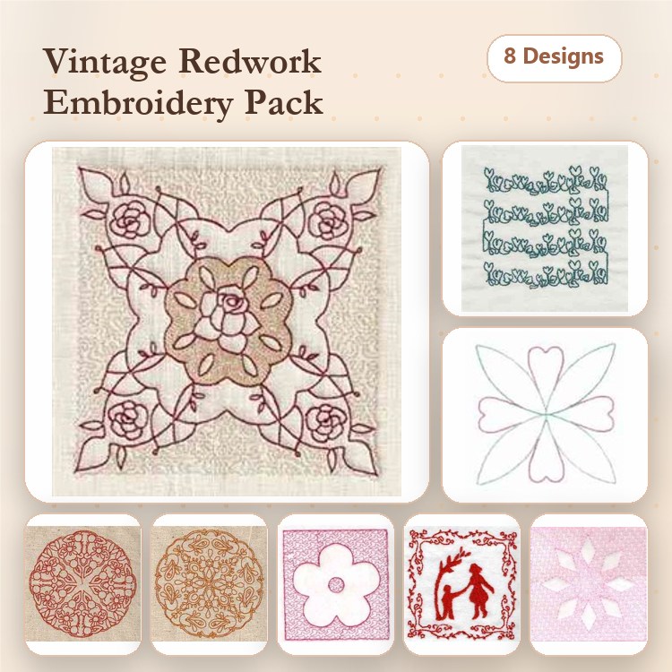 Redwork Vintage Redwork Embroidery Bundle – Floral Redwork, Dancing Girl, Ornate Circle & More (8 Designs)