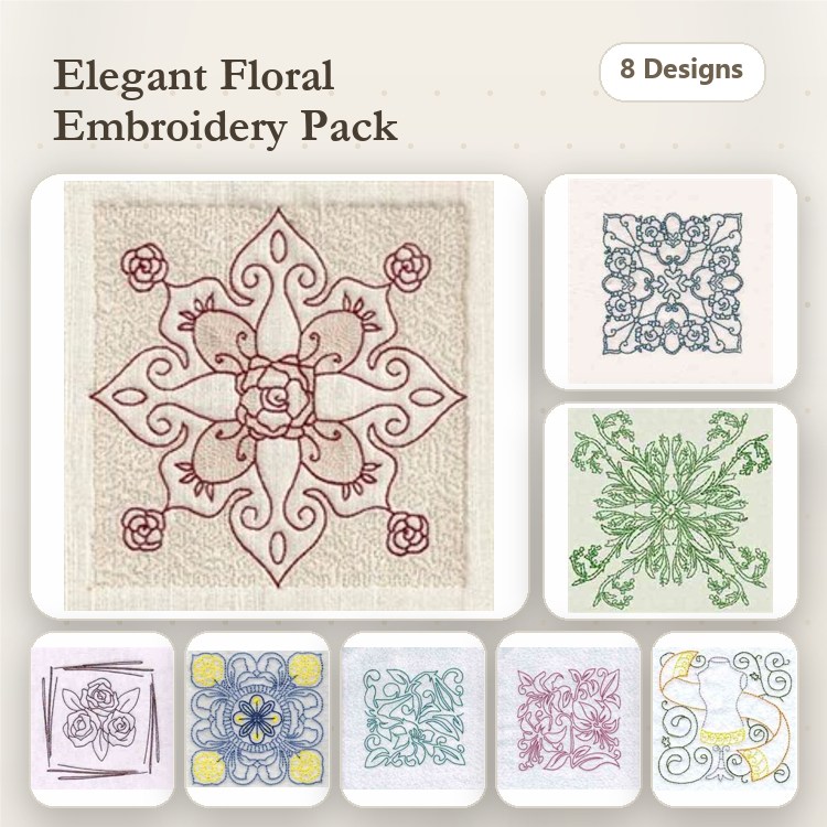 Redwork Elegant Floral Embroidery Designs Bundle – Floral Mandala, Floral Vines, Ornamental Floral Design & More (8 Designs)