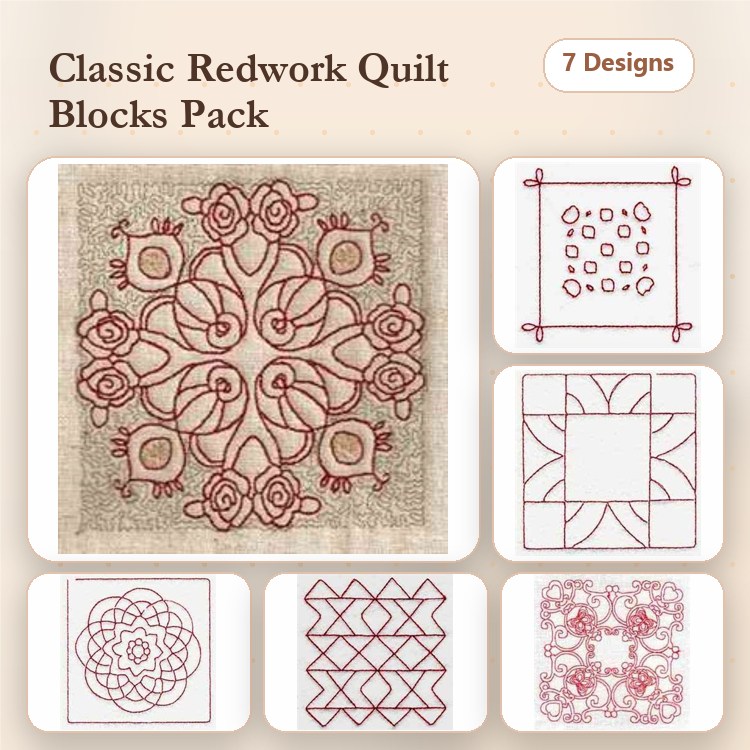 Redwork Quilt Block Embroidery Designs Bundle – Rose, Floral Mandala, Geometric & More (7 Designs)
