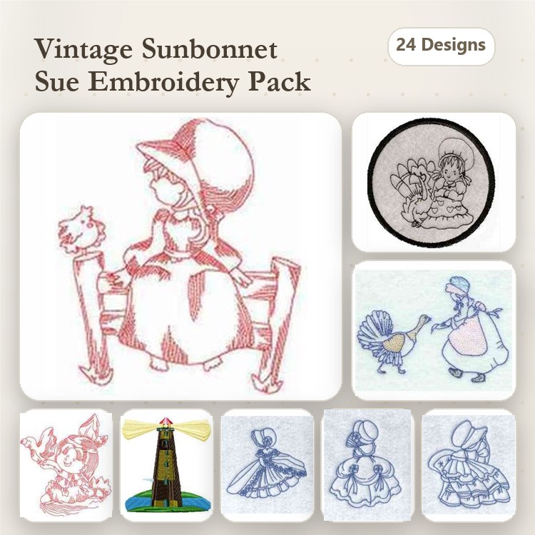 Redwork Vintage Sunbonnet Sue Embroidery Bundle – Sunbonnet Sue with Chicken, Flowers, Umbrella & More (24 Designs)