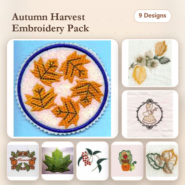 Autumn Embroidery Designs Bundle – Autumn Leaves, Harvest Basket with Apples, Pumpkin & More (9 Designs)