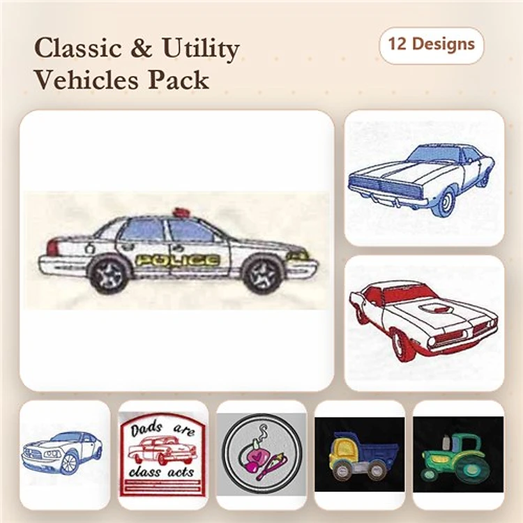 Classic and Utility Vehicles Embroidery Designs Bundle – Police Car, Classic Muscle Car, Convertible Car & More (12 Designs)