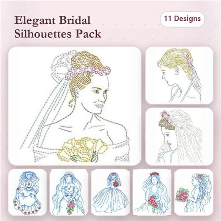 Redwork Bridal Silhouettes Embroidery Designs Bundle – Bridal Portrait with Bouquet, Flower Crown Bride & More (11 Designs)