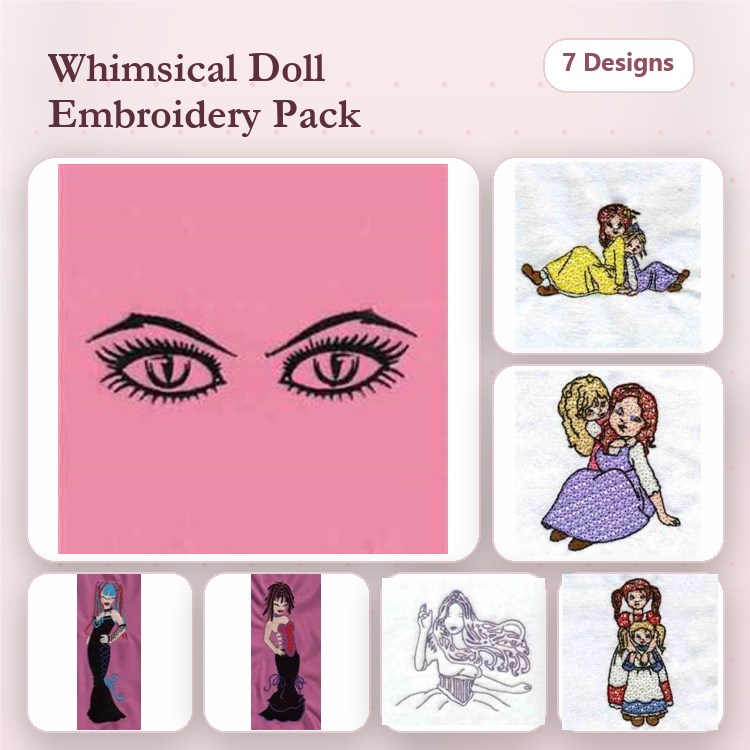 Doll Embroidery Designs Bundle – Princess Doll, Fairy Tale Doll, Curly Hair Doll & More (7 Designs)