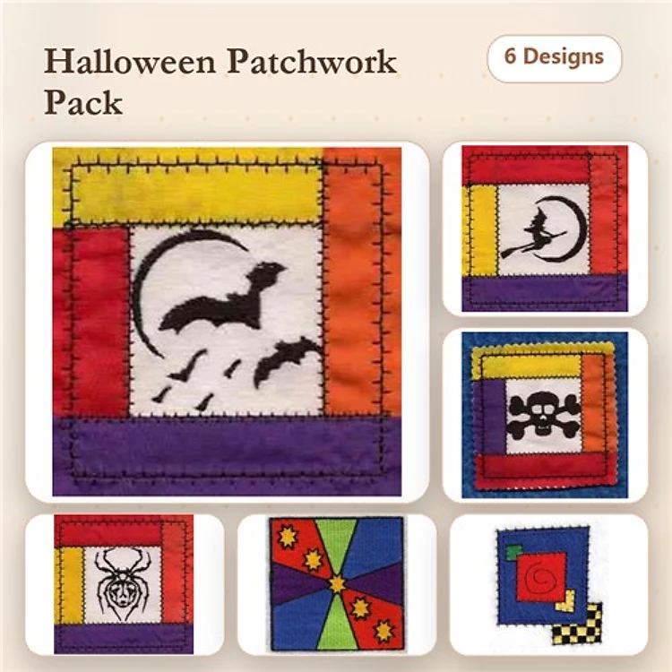 Halloween Patchwork Embroidery Designs Bundle – Bat Silhouette, Spider, Skull Crossbones & More (6 Designs)