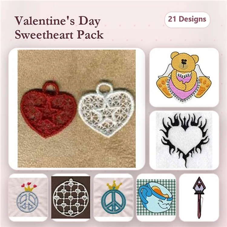 ITH Valentine's Day Embroidery Bundle – Lace Heart Ornament, Teddy Bear, Peace Sign & More (21 Designs)