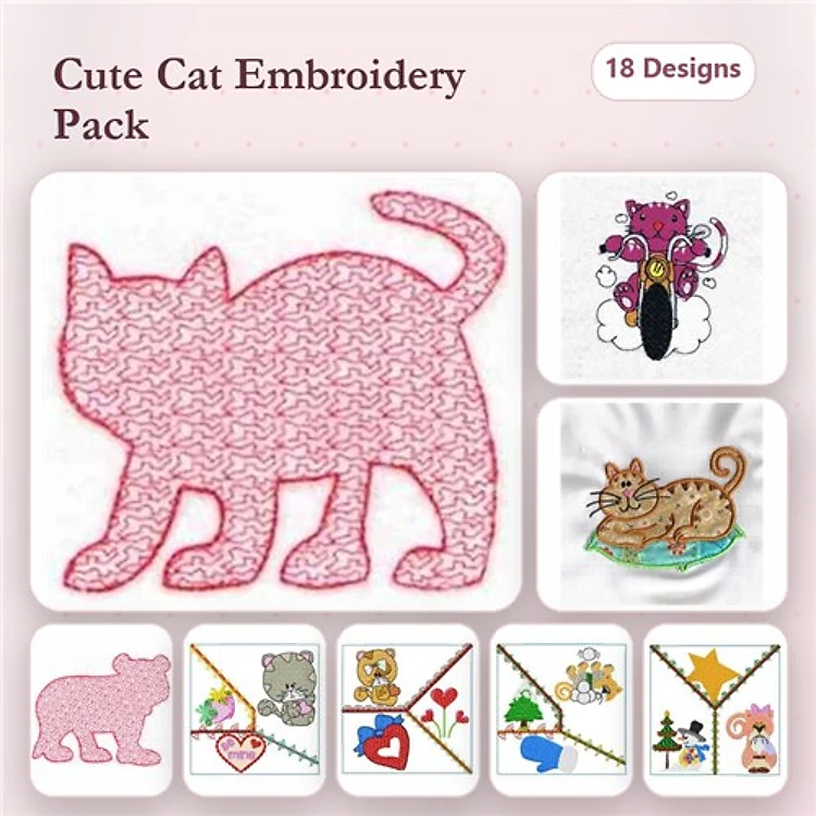 Cute Cat Embroidery Designs Bundle – Pink Cat Silhouette, Cat with Flowers, Happy Cat & More (18 Designs)
