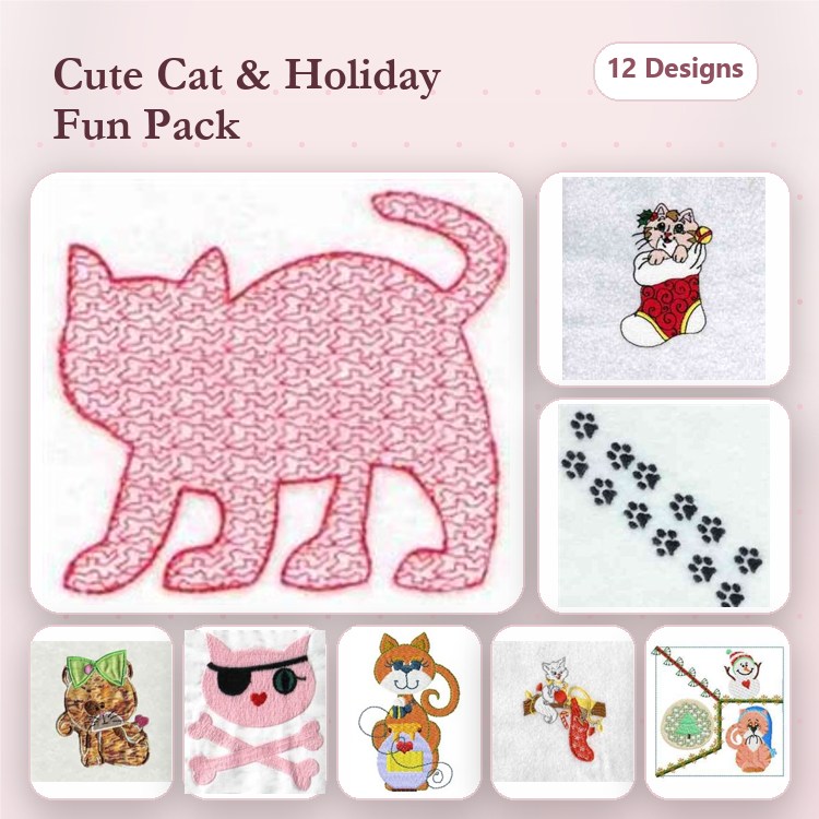 Cute Cat & Holiday Embroidery Designs Bundle – Pink Cat, Santa Cat, Cat with Sunglasses & More (12 Designs)
