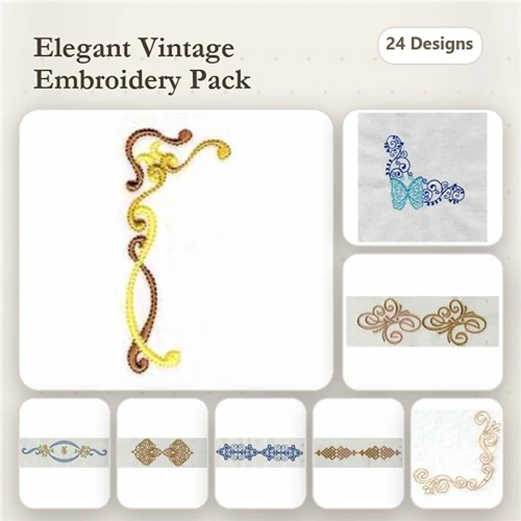 Elegant Vintage Ornamental Embroidery Designs Bundle – Flourish, Butterfly Accent, Scroll Border & More (24 Designs)
