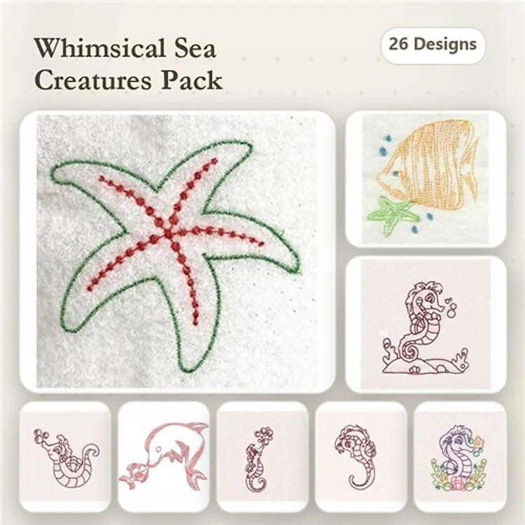Redwork Sea Creatures Embroidery Designs Bundle – Starfish, Fish, Seahorse, Mermaid & More (26 Designs)
