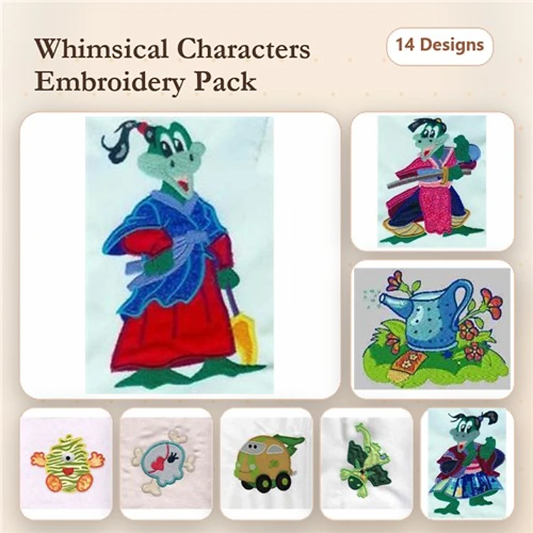Applique Whimsical Characters Embroidery Designs Bundle – Dragon in Kimono, Watering Can, Truck & More (14 Designs)