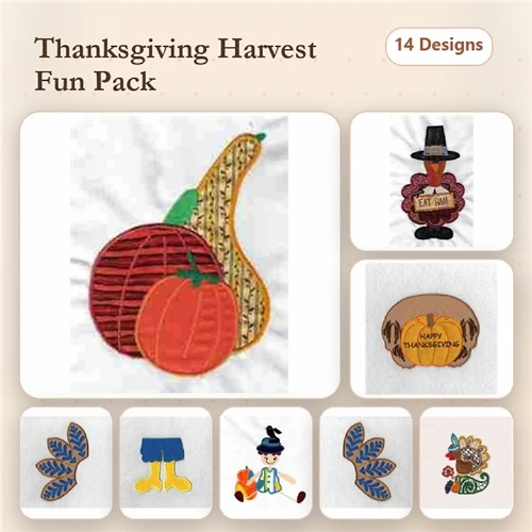 Thanksgiving Harvest Embroidery Designs Bundle – Pumpkin, Gourd, Turkey with Sign & More (14 Designs)