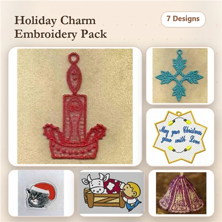 FSL Holiday-Themed Charms Embroidery Designs Bundle – Candle Charm, Snowflake Charm, Boy with Gift Charm & More (7 Designs)