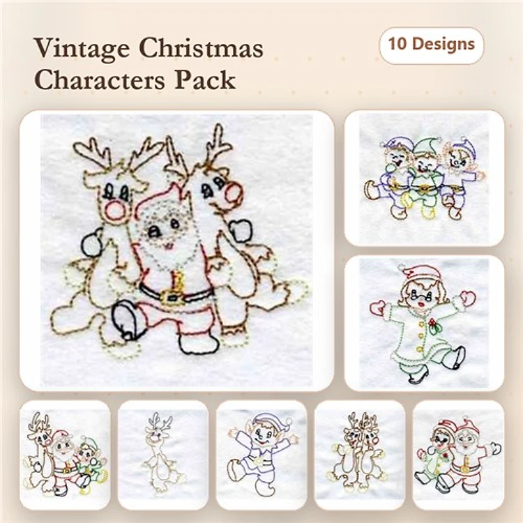 Redwork Vintage Christmas Characters Embroidery Designs Bundle – Santa, Snowman, Elf & More (10 Designs)