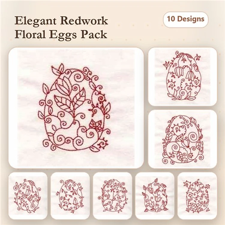 Redwork Floral Eggs Embroidery Designs Bundle – Floral Egg with Leaves, Floral Egg with Bird, & More (10 Designs)